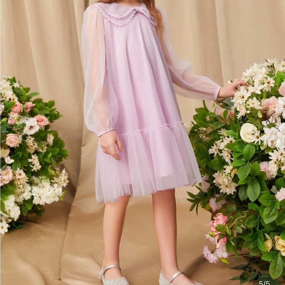 Lavender tween girls statement collar ruffle hem lantern Sheer Sleeve dress NWOT